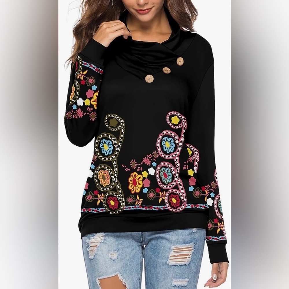 Women's Casual T-Shirt Long Sleeve Button Cowl Neck Tunic Sweatshirt Tops Blouse